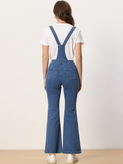 Casual Denim Jumpsuits V Neck Zip Up Bell Bottom Jeans Overall