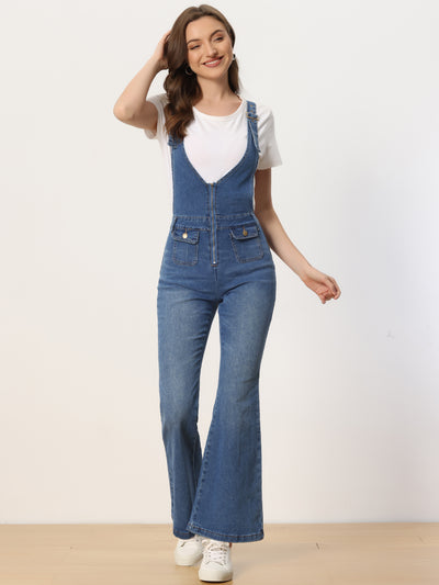 Casual Denim Jumpsuits V Neck Zip Up Bell Bottom Jeans Overall