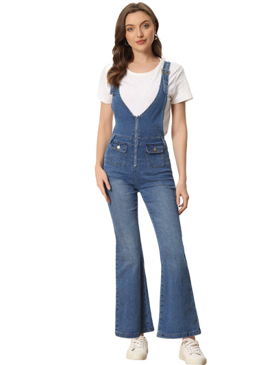 Casual Denim Jumpsuits V Neck Zip Up Bell Bottom Jeans Overall