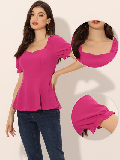 Ruffles Sweetheart Neck Puff Sleeve Peplum Blouse