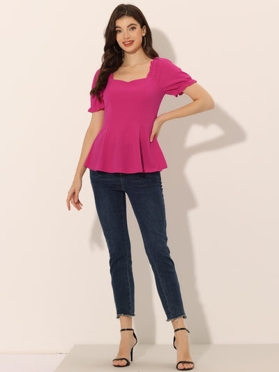 Ruffles Sweetheart Neck Puff Sleeve Peplum Blouse