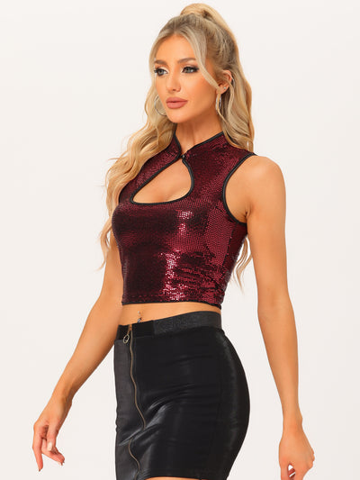 Sleeveless Cut Out Front Crop Tank Slim Fitted Sequins Top