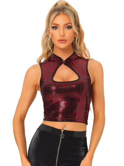 Sleeveless Cut Out Front Crop Tank Slim Fitted Sequins Top