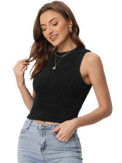 Crew Neck Faux Fur Sleeveless Pullover Knit Crop Top