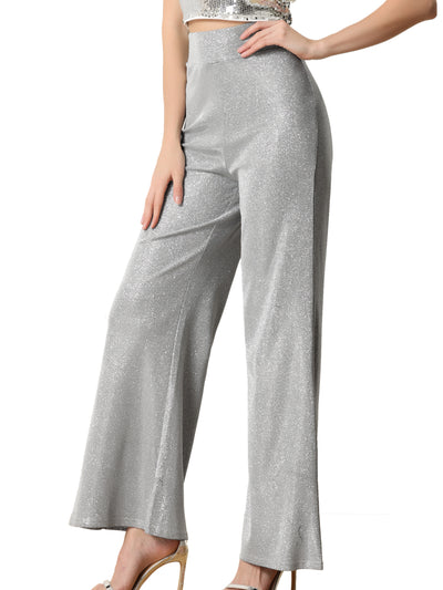 Women's Metallic Sparkly Wide Leg Pants High Waist Trousers Clubwear
