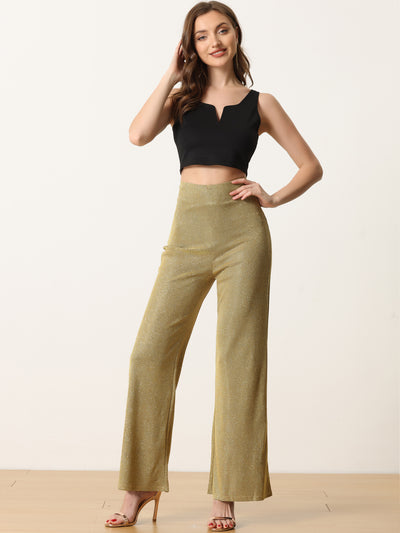 Women's Metallic Sparkly Wide Leg Pants High Waist Trousers Clubwear