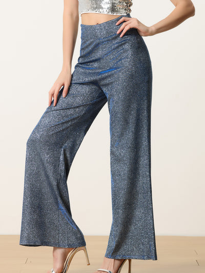 Women's Metallic Sparkly Wide Leg Pants High Waist Trousers Clubwear