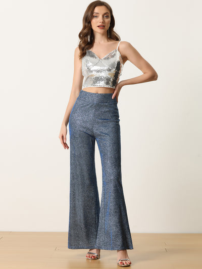 Women's Metallic Sparkly Wide Leg Pants High Waist Trousers Clubwear