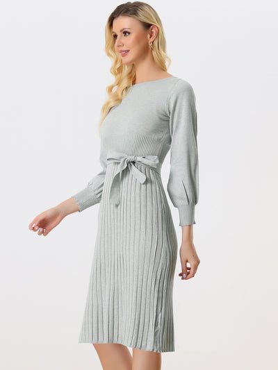 Knit Belted Crew Neck Lantern Sleeve Casual Pleated Sweater Dress