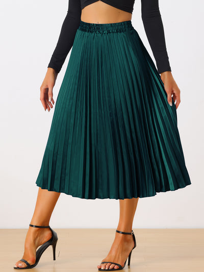 Elastic Waist Metallic Shiny Accordion Pleated Midi Skirt