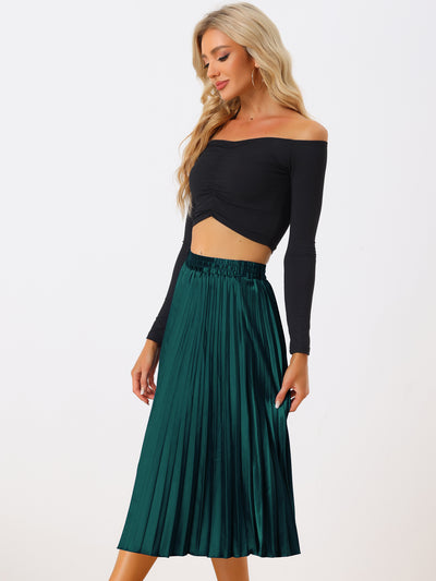 Elastic Waist Metallic Shiny Accordion Pleated Midi Skirt