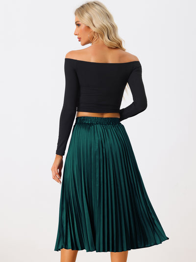 Elastic Waist Metallic Shiny Accordion Pleated Midi Skirt