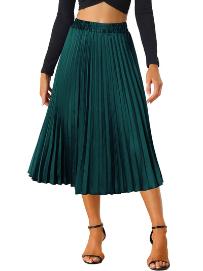 Elastic Waist Metallic Shiny Accordion Pleated Midi Skirt