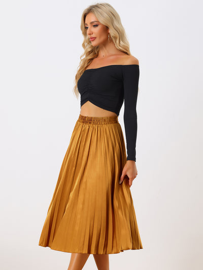 Elastic Waist Metallic Shiny Accordion Pleated Midi Skirt