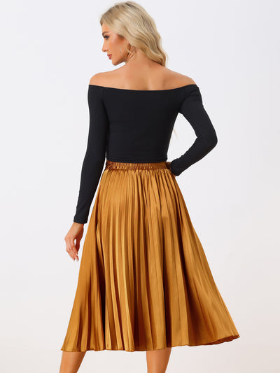 Elastic Waist Metallic Shiny Accordion Pleated Midi Skirt