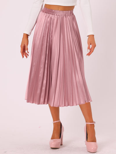 Elastic Waist Metallic Shiny Accordion Pleated Midi Skirt