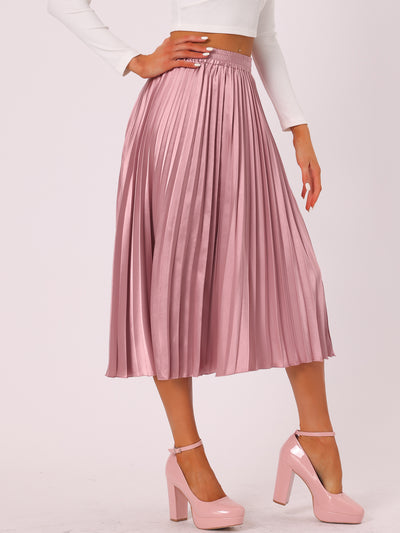 Elastic Waist Metallic Shiny Accordion Pleated Midi Skirt