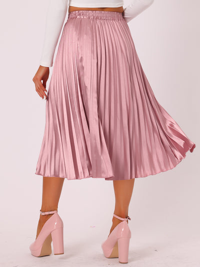 Elastic Waist Metallic Shiny Accordion Pleated Midi Skirt