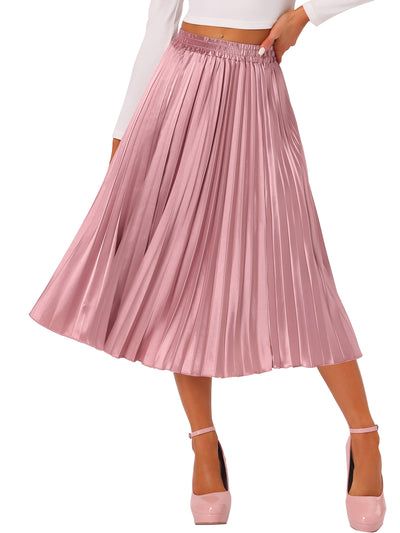 Elastic Waist Metallic Shiny Accordion Pleated Midi Skirt