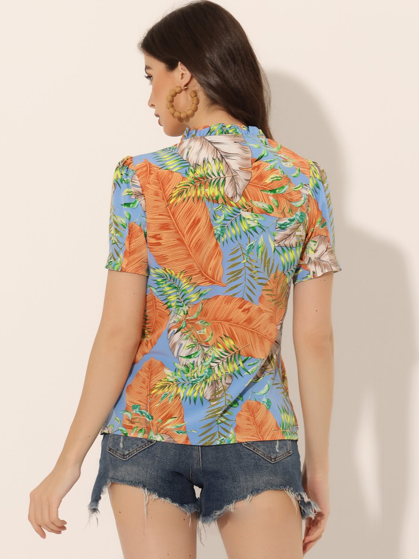 Allegra K Tropical Summer Tops Short Sleeve V Neck Printed Blouse