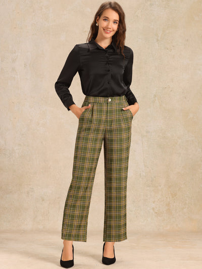 Plaid Elastic Waist Casual Work Office Long Pants