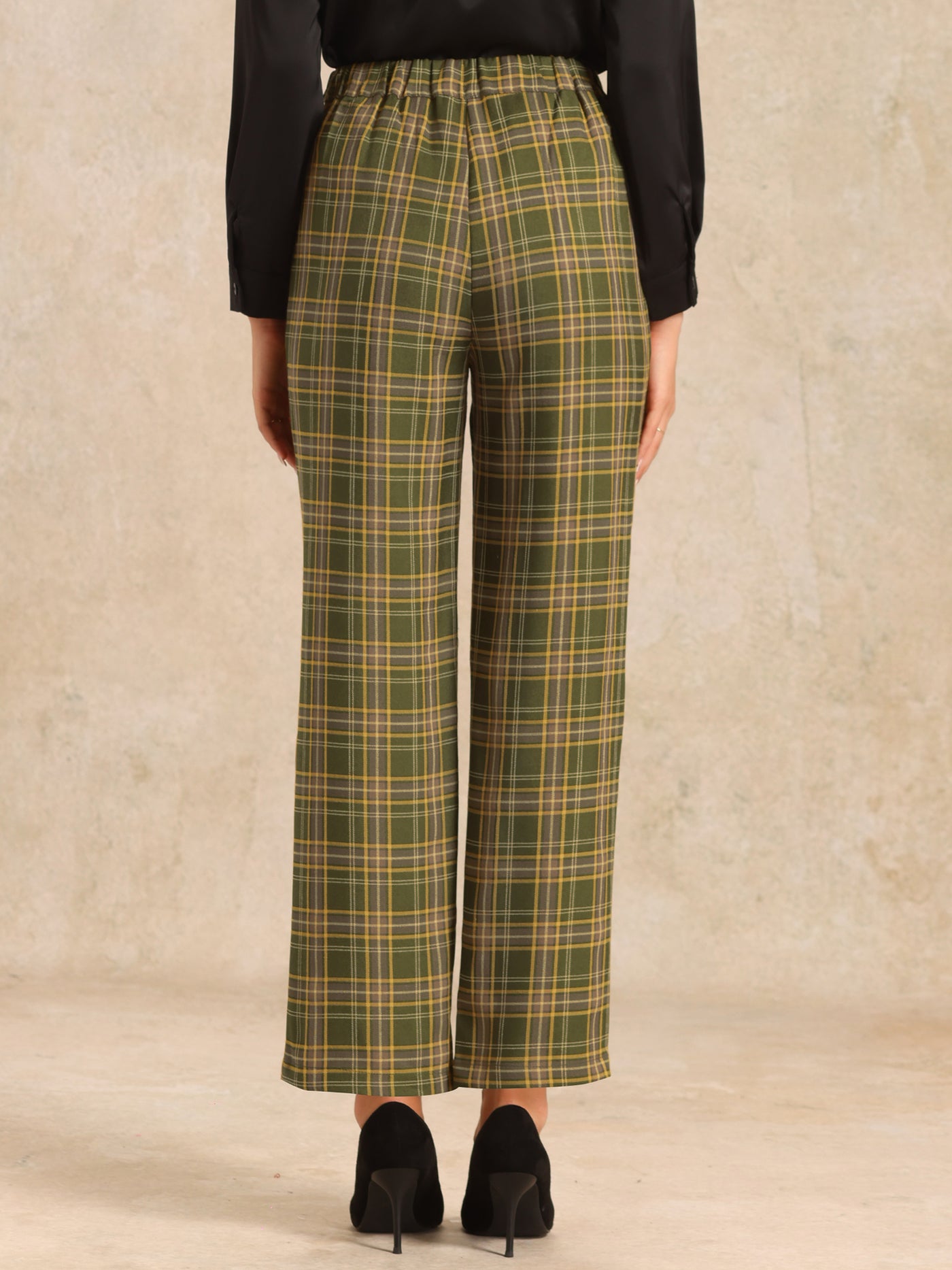 Allegra K Plaid Elastic Waist Casual Work Office Long Pants