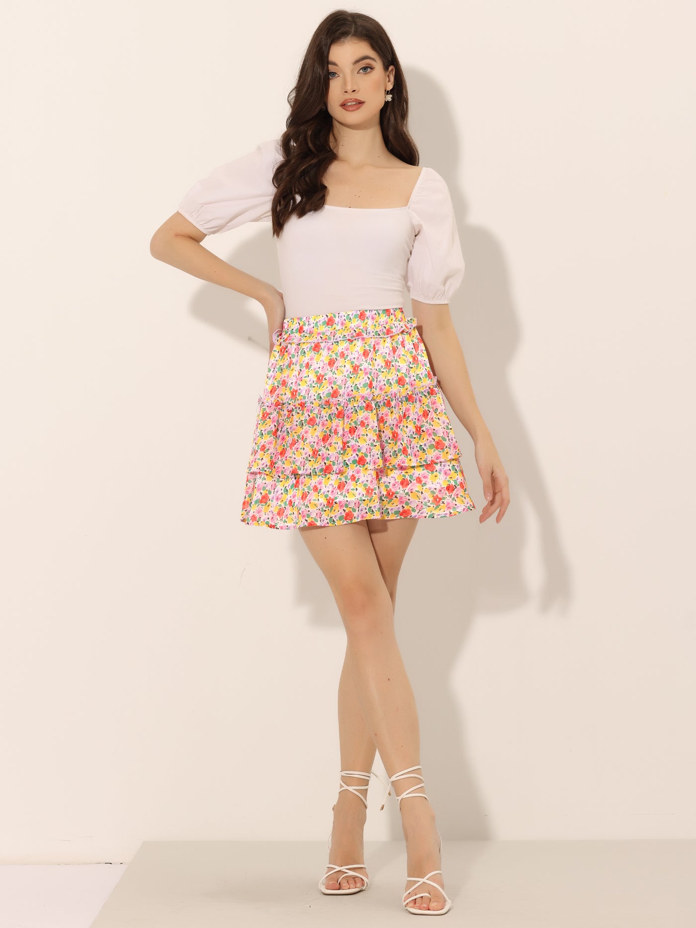 Allegra K Layered Ruffle Hem Elastic Waist A-Line Skater Floral Mini Skirt