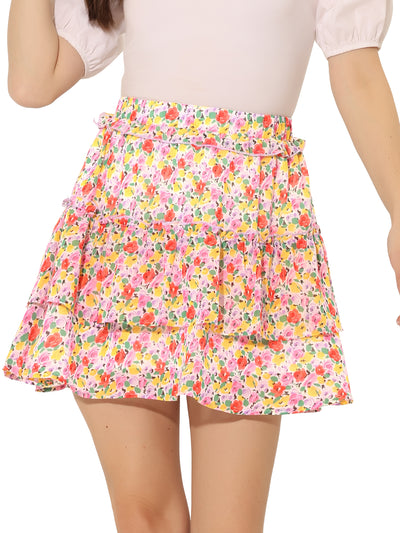 Layered Ruffle Hem Elastic Waist A-Line Skater Floral Mini Skirt