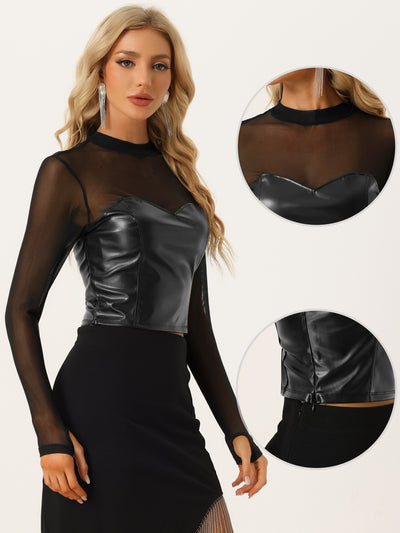 Sexy Top Faux Leather Mesh Sleeve Sweetheart Stand Collar Shirt