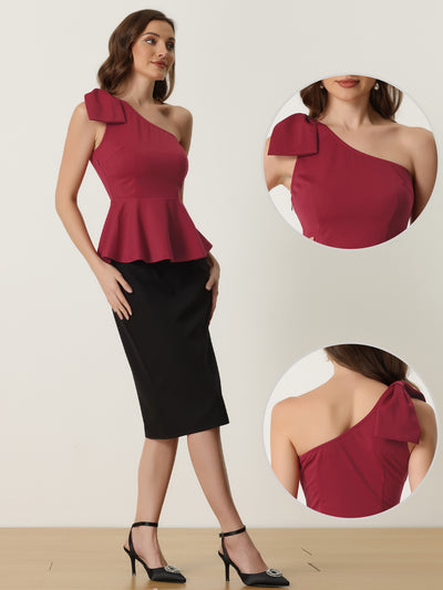 Elegant Peplum Bow Ruffled Hem One Shoulder Top