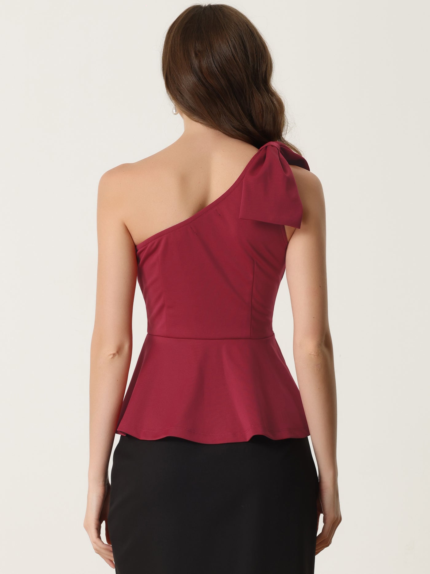 Allegra K Elegant Peplum Bow Ruffled Hem One Shoulder Top