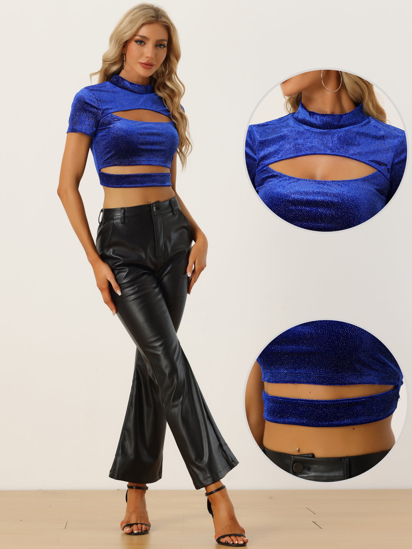 Allegra K Cut Out Top Glitter Sparkle Velvet Short Sleeve Fitted Crop Tops