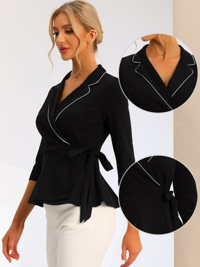 Notch Lapel Collar Tie Waist Wrap Peplum Blouse