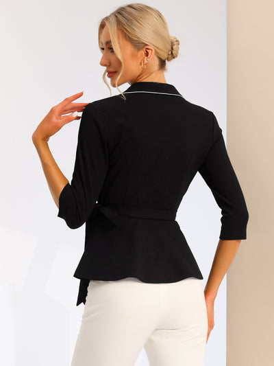 Notch Lapel Collar Tie Waist Wrap Peplum Blouse