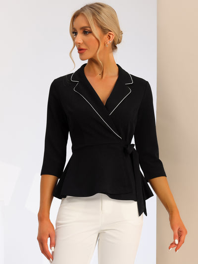 Notch Lapel Collar Tie Waist Wrap Peplum Blouse