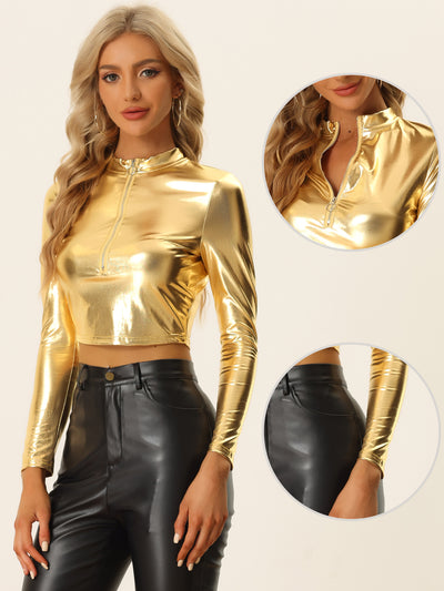 Party Tops Long Sleeve Zip Up Metallic Crop Top