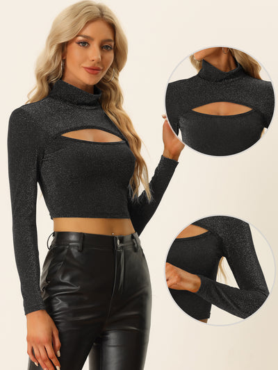 Party Tee Long Sleeve Slim Fit Mock Neck Cutout Crop Tops