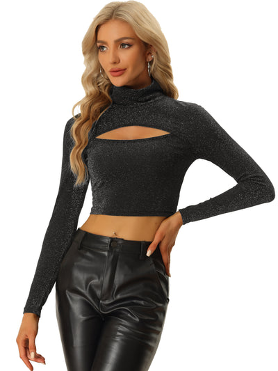 Party Tee Long Sleeve Slim Fit Mock Neck Cutout Crop Tops