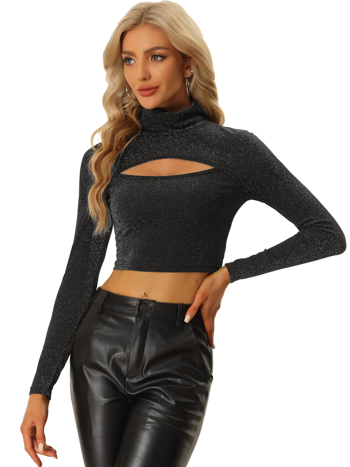 Allegra K Party Tee Long Sleeve Slim Fit Mock Neck Cutout Crop Tops