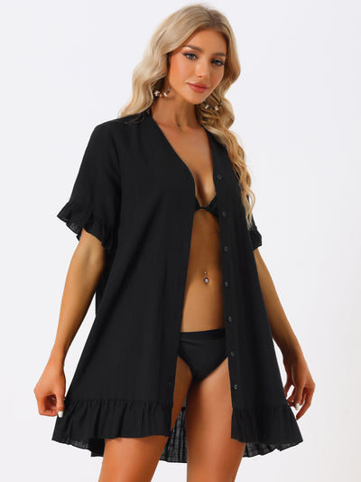 Summer Swimwear Beach Button Front Shirt Dress Ruffle Hem Cover Up