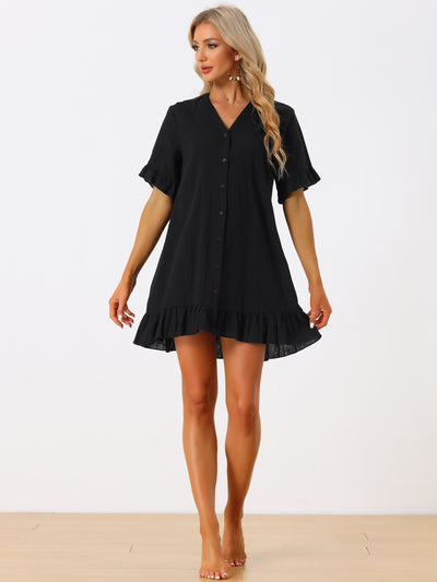 Summer Swimwear Beach Button Front Shirt Dress Ruffle Hem Cover Up