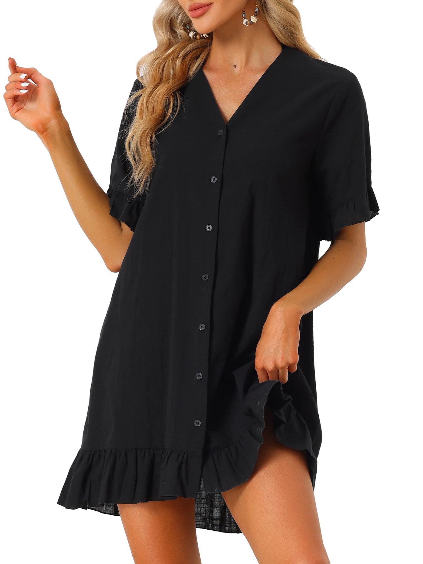 Allegra K Summer Swimwear Beach Button Front Shirt Dress Ruffle Hem Cover Up