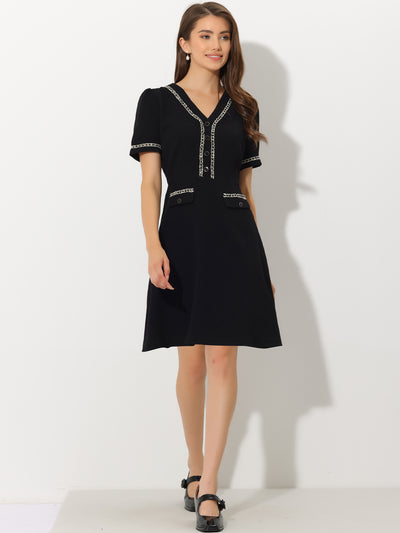 V Neck Half Placket Short Sleeve Textured A-Line Midi Dress