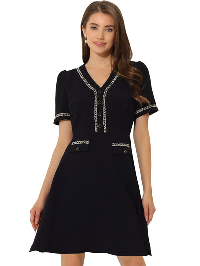 V Neck Half Placket Short Sleeve Textured A-Line Midi Dress