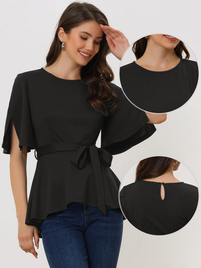 Split Half Sleeve Crew Neck Belted Knot Drap Casual Peplum Blouse