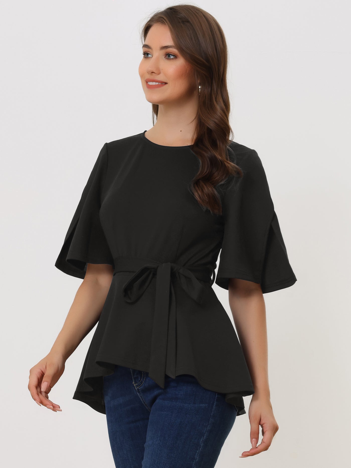 Allegra K Split Half Sleeve Crew Neck Belted Knot Drap Casual Peplum Blouse