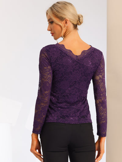 Floral Embroidery Sheer Long Sleeve Lace Blouse Top