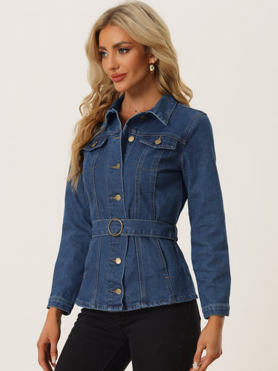 Denim Belted Lapel Collar Single Breasted Jean Jacket