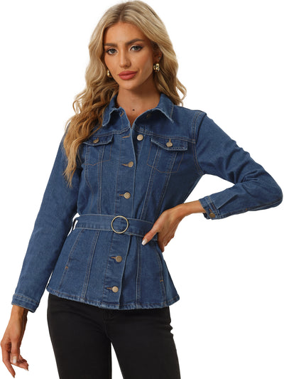 Denim Belted Lapel Collar Single Breasted Jean Jacket