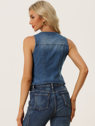 Denim Vest Sleeveless Collarless Washed Distressed Jean Jacket